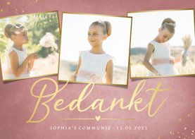 Stijlvolle bedankkaart communie met 3 foto's voor een meisje
