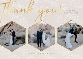 Stijlvolle bedankkaart trouwdag met foto's goudlook naturel
