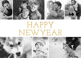Stijlvolle nieuwjaarskaart met fotocollage en happy new year