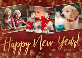 Stijlvolle rode nieuwjaarskaart met 3 eigen foto's en goud