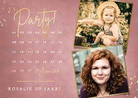 Stijlvolle roze uitnodiging feestje met kalender en 2 foto's