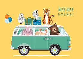 Stoere verjaardagskaart met volkswagenbusje vol dieren