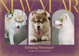 Trendy paarse nieuwjaarskaart met drie foto's en glitters