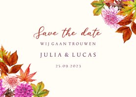 Trouwkaart save the date herfstsfeer bloemen blad