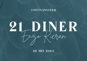 Uitnodiging 21 diner stijlvol blauw met veren