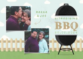 Uitnodiging BBQ met foto's, barbecue, hekje en wolken