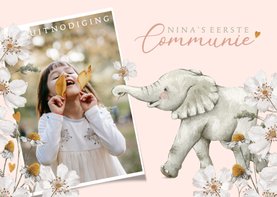 Uitnodiging communie feest met olifantje en bloemen
