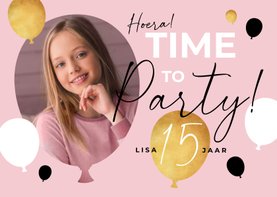 Uitnodiging feestje verjaardag fotokaart ballonnen goud roze