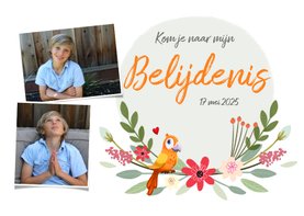 Uitnodiging geloofsbelijdenis met foto's, bloemen en vogels