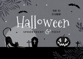 Uitnodiging halloweenfeest spooktocht donker pompoen kat