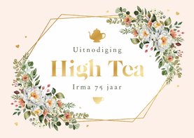 Uitnodiging high tea klassiek bloemen goud hartjes