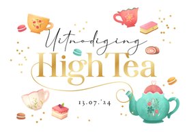 Uitnodiging high tea thee illustraties gebakjes confetti