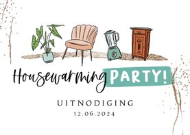 Uitnodiging 'Housewarming Party!' meubels plant glitter