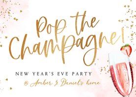 Uitnodiging jaarwisseling pink champagne goud