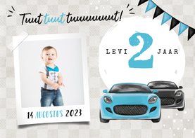 Uitnodiging kinderfeestje jongen 2 jaar auto's blauw foto