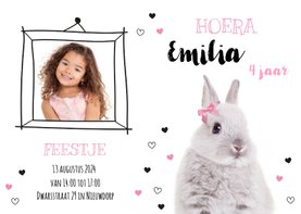 Uitnodiging - Kinderfeestje - Konijntje met roze strikje