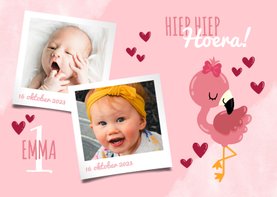 Uitnodiging kinderfeestje lieve flamingo, hartjes en foto's