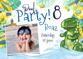Uitnodiging kinderfeestje 'Pool Party' tropisch dino foto