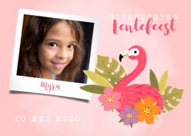 Uitnodiging lentefeest met flamingo, bloemen en foto