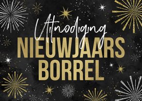 Uitnodiging nieuwjaarsborrel vuurwerk champagne oliebollen