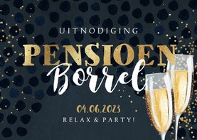 Uitnodiging 'Pensioen Borrel' champagneglazen en goudlook
