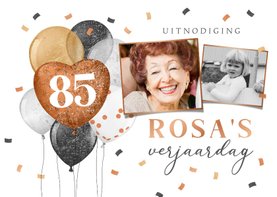 Uitnodiging verjaardag 85 jaar ballonnen feestelijk confetti