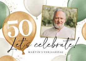 Uitnodiging verjaardagsfeest 50 jaar ballonnen goud groen