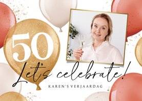 Uitnodiging verjaardagsfeest vrouw 50 jaar ballonnen goud