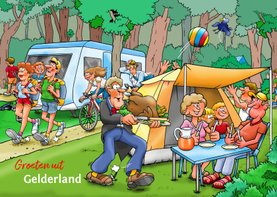 Vakantiekaart familie met tent en caravan op camping