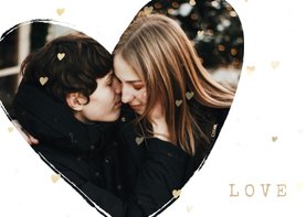 Valentijnskaart foto in hart groot met gouden hartjes
