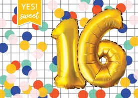 Verjaardagskaart 16 jaar confetti ballonnen