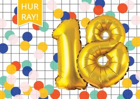Verjaardagskaart 18 jaar met confetti en ballonnen goud