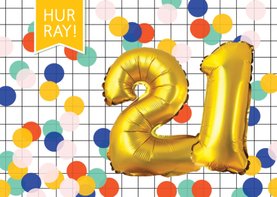 Verjaardagskaart 21 jaar ballonnen goud