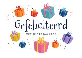 Verjaardagskaart cadeautjes confetti verjaardag kleurrijk