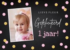 Verjaardagskaart foto meisje confetti roze goudlook 1 jaar