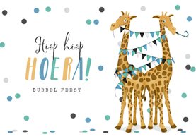 Verjaardagskaart giraf tweeling dubbel feest slingers