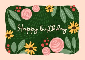 Verjaardagskaart groen met rozen en margrieten