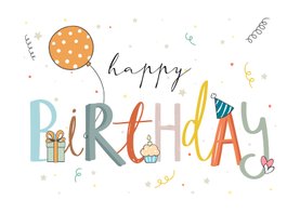 Verjaardagskaart - Happy Birthday met confetti en ballon