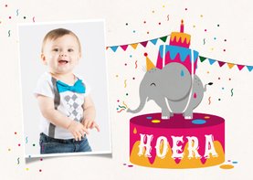 Verjaardagskaart kind feest olifant confetti slingers foto