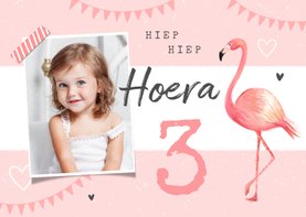 Verjaardagskaart meisje flamingo slingers hartjes foto