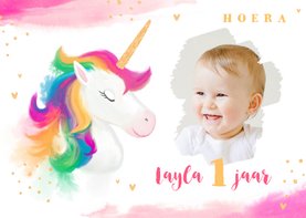 Verjaardagskaart meisje waterverf unicorn goud