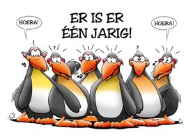Verjaardagskaart met 6 pinguïns die de jarige feliciteren