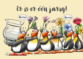 Verjaardagskaart met 6 pinguïns die vaas bloemen vullen