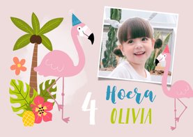 Verjaardagskaart met flamingo's en tropisch thema