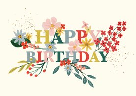 Verjaardagskaart met letters en bloemen kleurrijk