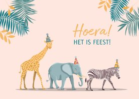 Verjaardagskaart olifant giraf en zebra meisje