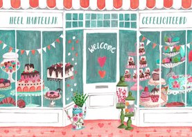 Verjaardagskaart roze met turquoise taart winkel