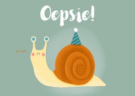 Verjaardagskaart te laat 'Oepsie!' slakje met feesthoedje