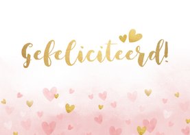 Verjaardagskaart vrouw - roze waterverf met gouden hartjes