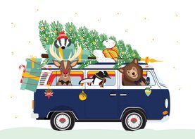 Vrolijk Volkswagen busje vol lieve kerst diertjes